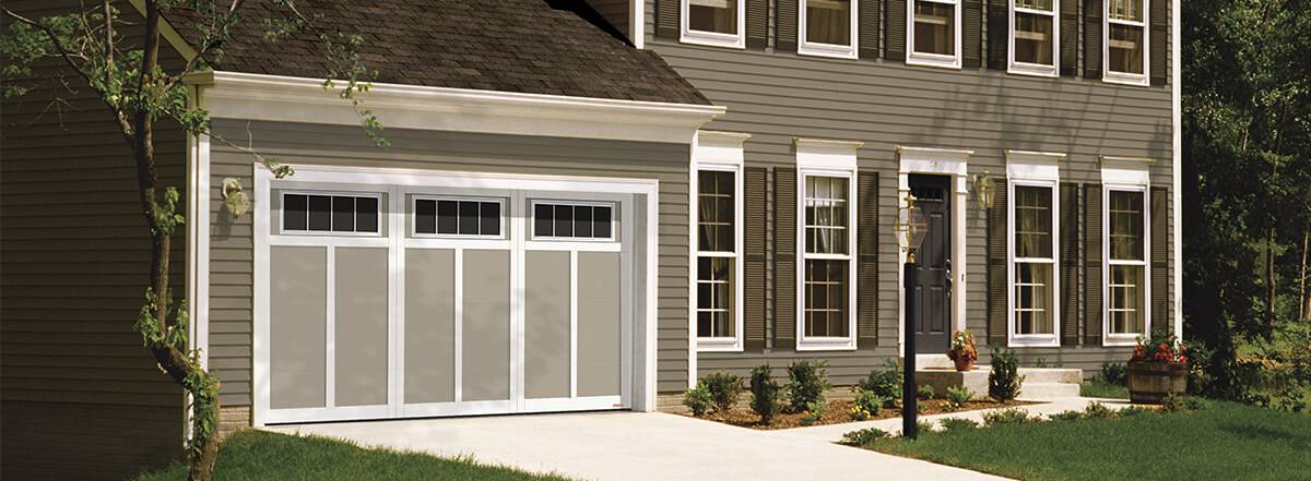 Eastman E-12, 14' x 7', Claystone door and Ice White overlays, 4 lite Orion window